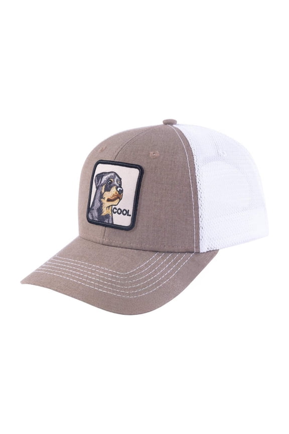 Unisex Embroidered The Cool Dog, 6-Panel Trucker Hat, Light Brown/White, Adjustable Fit