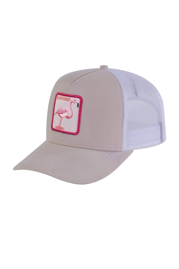 Unisex Embroidered The Flamingo, 5-Panel Trucker Hat, Beige/White, Adjustable Fit