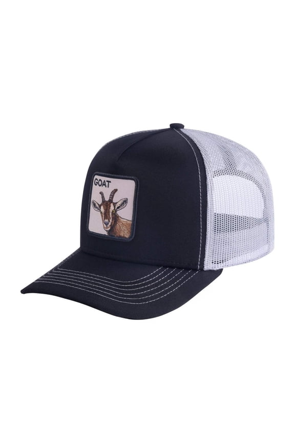 Unisex Embroidered The Goat, 5-Panel Trucker Hat, Black/White, Adjustable Fit