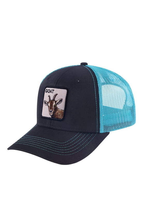 Unisex Embroidered The Goat, 6-Panel Trucker Hat, Black/Blue, Adjustable Fit