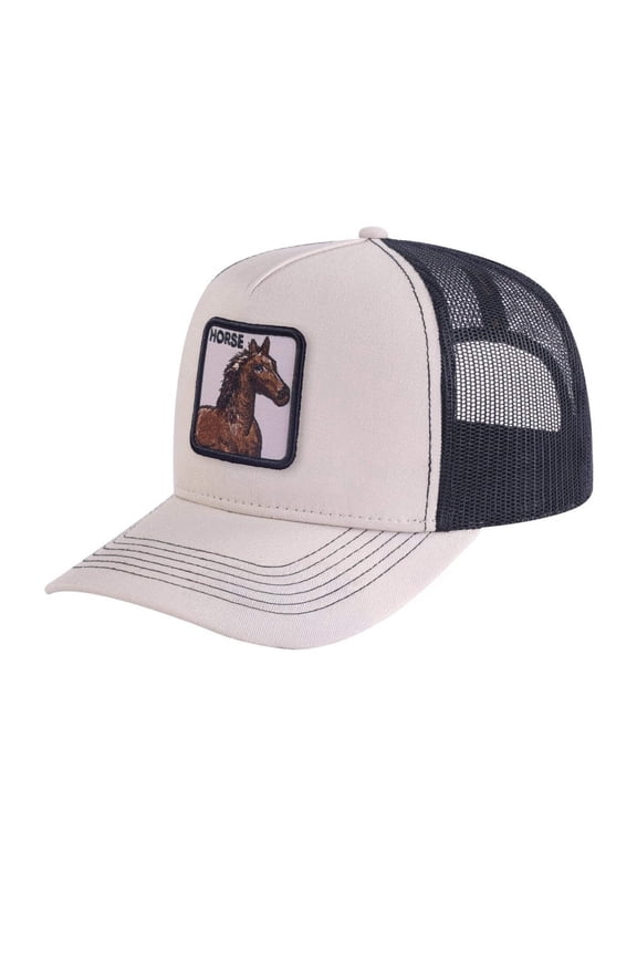 Unisex Embroidered The Horse, 5-Panel Trucker Hat, Beige/Black, Adjustable Fit