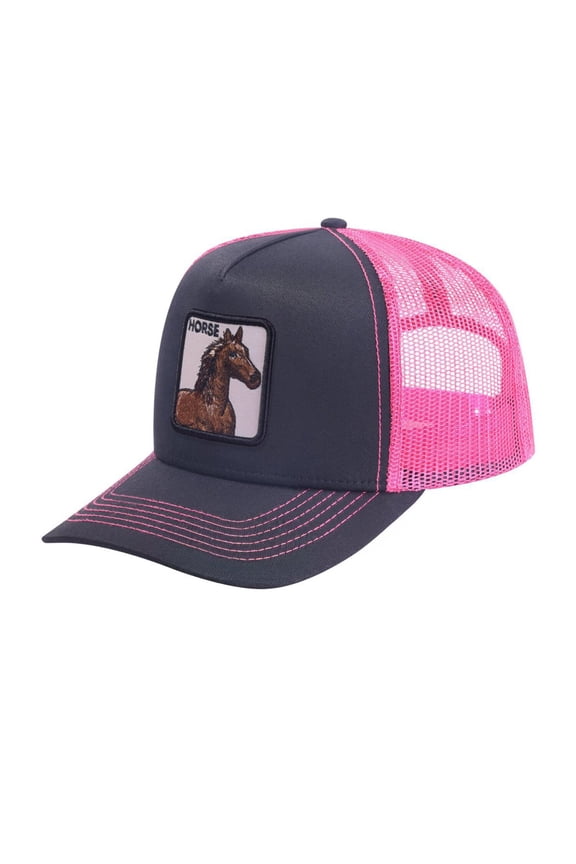 Unisex Embroidered The Horse, 5-Panel Trucker Hat, Black/Pink, Adjustable Fit
