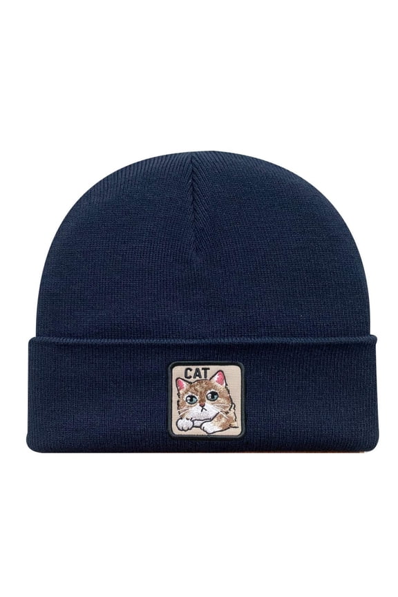 Unisex Embroidered The Cat, Knitted Soft Warm Unisex Beanie, Navy, Adjustable Fit