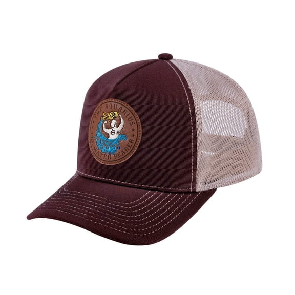 Unisex V2 Embroidered And Laser-Engraved Aquarius Zodiac (January 20, February 18), 5-Panel Trucker Hat, Dark Brown/Khaki, Adjustable Fit