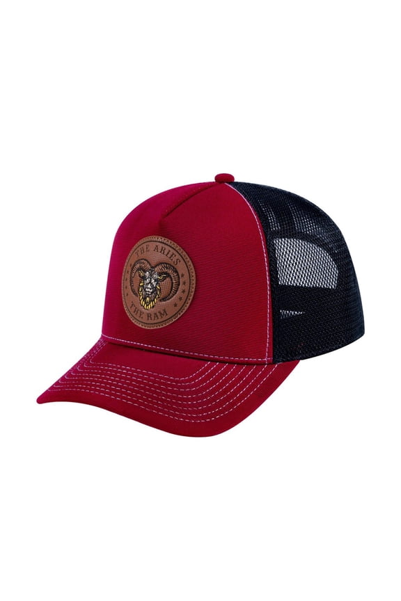 Unisex V2 Embroidered And Laser-Engraved Aries Zodiac (March 21, April 19), 5-Panel Trucker Hat, Burgundy/Black, Adjustable Fit