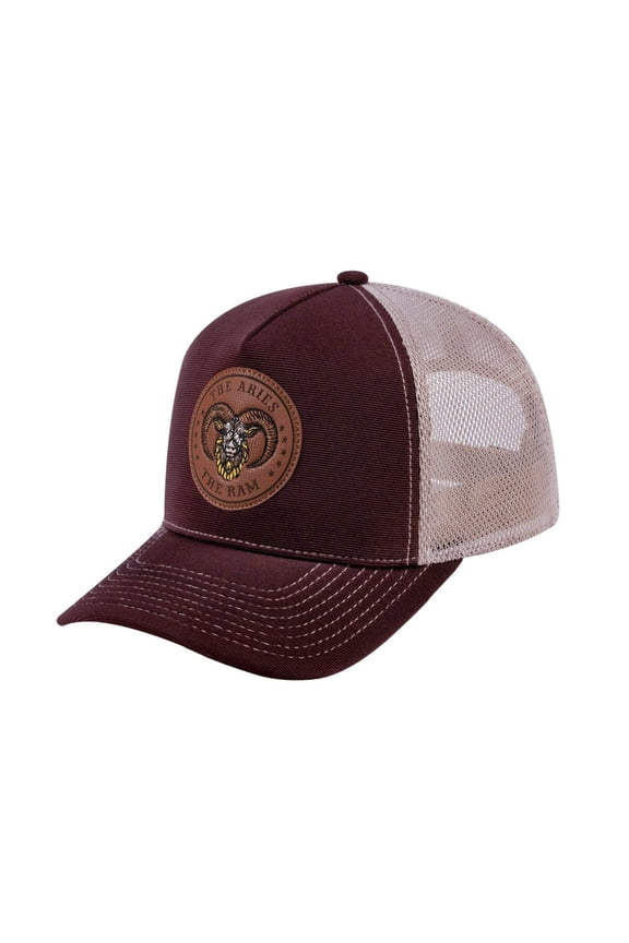 Unisex V2 Embroidered And Laser-Engraved Aries Zodiac (March 21, April 19), 5-Panel Trucker Hat, Dark Brown/Khaki, Adjustable Fit
