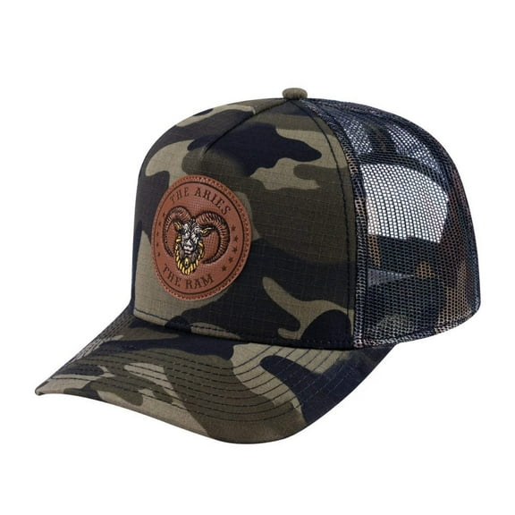 Unisex V2 Embroidered And Laser-Engraved Aries Zodiac (March 21, April 19), 5-Panel Trucker Hat, Green Camo/Green Camo, Adjustable Fit