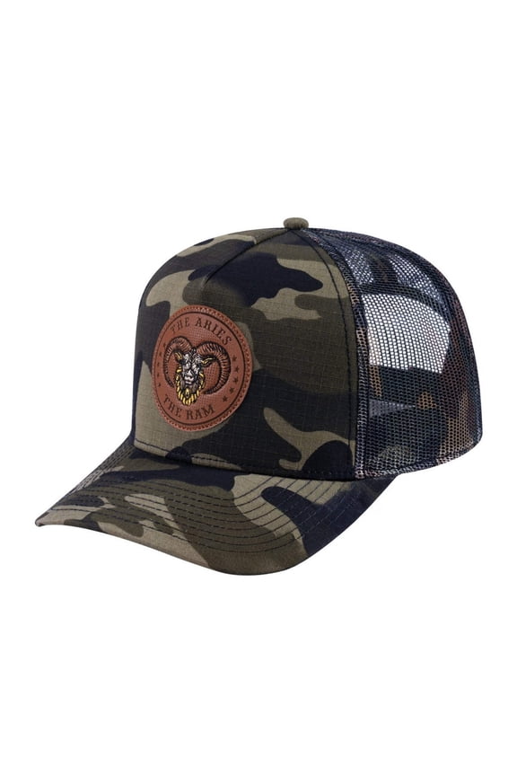 Unisex V2 Embroidered And Laser-Engraved Aries Zodiac (March 21, April 19), 5-Panel Trucker Hat, Green Camo/Green Camo, Adjustable Fit