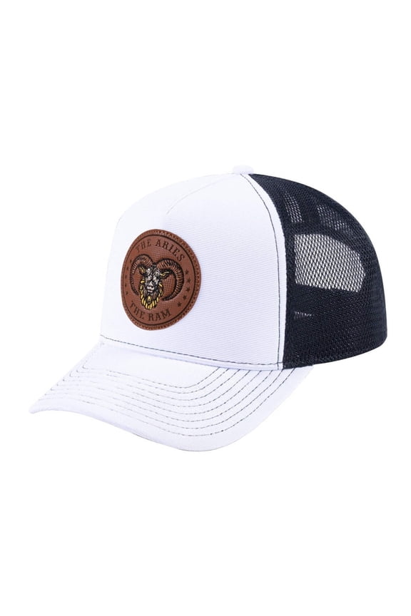Unisex V2 Embroidered And Laser-Engraved Aries Zodiac (March 21, April 19), 5-Panel Trucker Hat, White/Black, Adjustable Fit