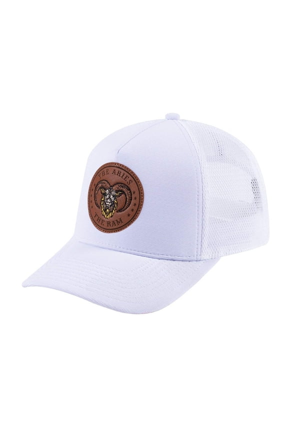 Unisex V2 Embroidered And Laser-Engraved Aries Zodiac (March 21, April 19), 5-Panel Trucker Hat, White/White, Adjustable Fit