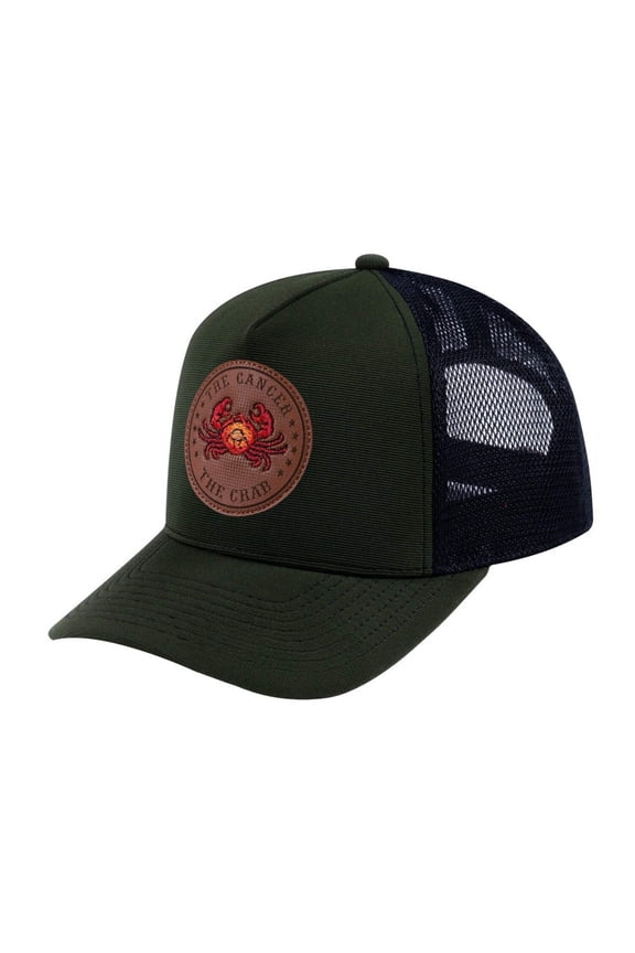 Unisex V2 Embroidered And Laser-Engraved Cancer Zodiac (June 21, July 22), 5-Panel Trucker Hat, Olive/Black, Adjustable Fit