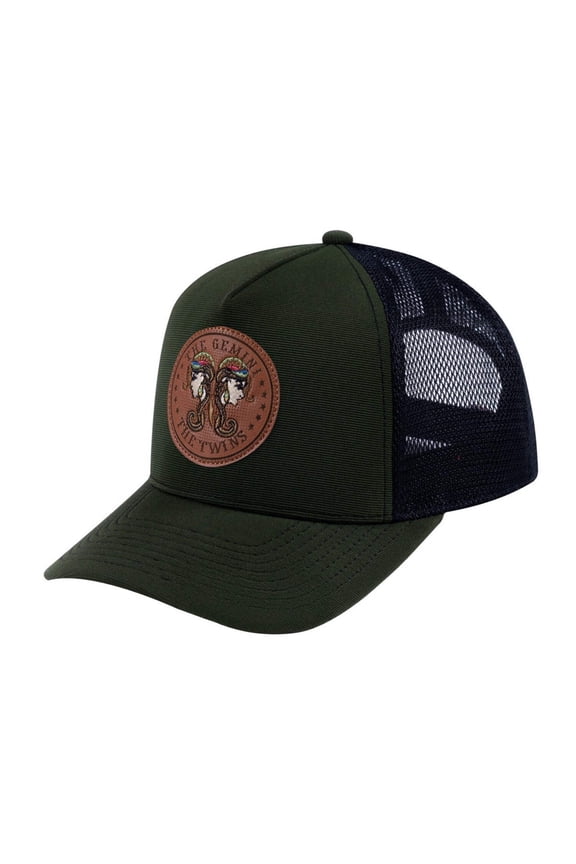 Unisex V2 Embroidered And Laser-Engraved Gemini Zodiac (May 21, June 20), 5-Panel Trucker Hat, Green Camo/Green Camo, Adjustable Fit
