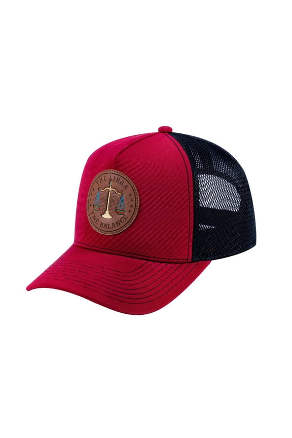 Unisex V2 Embroidered And Laser-Engraved Libra Zodiac (September 23, October 22), 5-Panel Trucker Hat, Burgundy/Black, Adjustable Fit