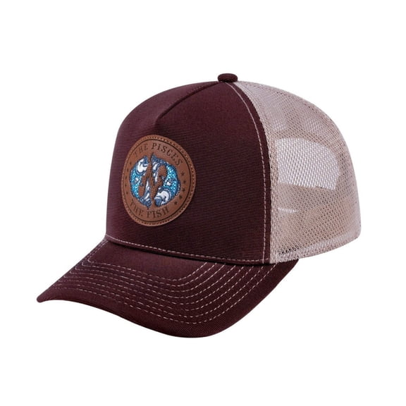 Unisex V2 Embroidered And Laser-Engraved Pisces Zodiac (February 19, March 20), 5-Panel Trucker Hat, Dark Brown/Khaki, Adjustable Fit