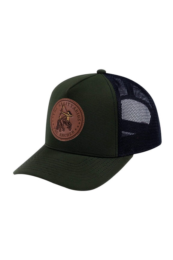 Unisex V2 Embroidered And Laser-Engraved Sagittarius Zodiac (November 22, December 21), 5-Panel Trucker Hat, Olive/Black, Adjustable Fit
