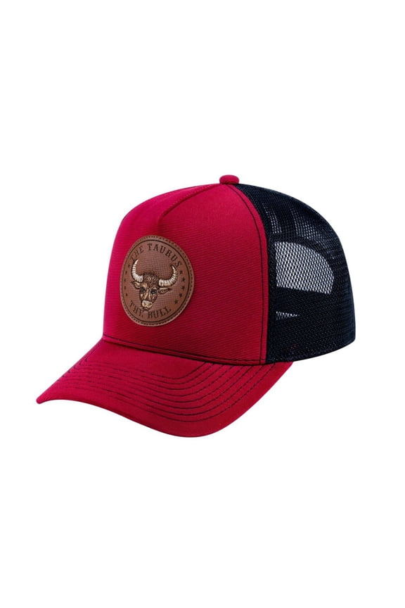 Unisex V2 Embroidered And Laser-Engraved Taurus Zodiac (April 20, May 20), 5-Panel Trucker Hat, Burgundy/Black, Adjustable Fit