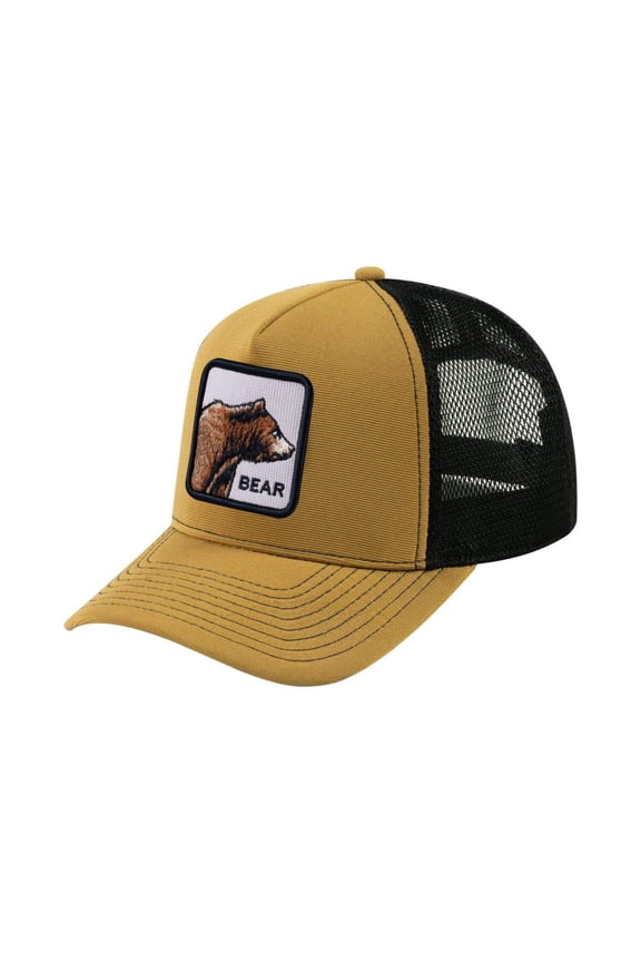Unisex V2 Embroidered The Bear, 5-Panel Trucker Hat, Light Brown/Black, Adjustable Fit