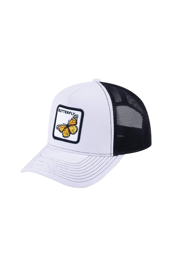 Unisex V2 Embroidered The Butterfly, 5-Panel Trucker Hat, White/Black, Adjustable Fit