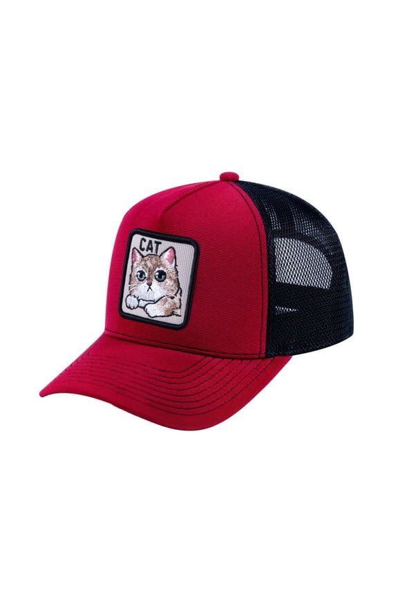 Unisex V2 Embroidered The Cat, 5-Panel Trucker Hat, Burgundy/Black, Adjustable Fit