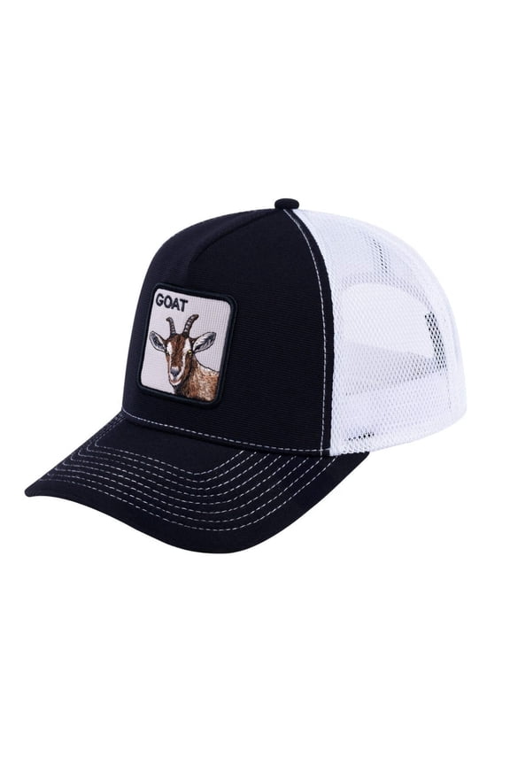 Unisex V2 Embroidered The Goat, 5-Panel Trucker Hat, Black/White, Adjustable Fit