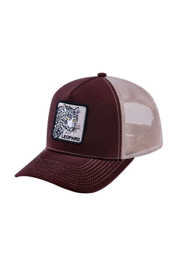 Unisex V2 Embroidered The Leopard, 5-Panel Trucker Hat, Dark Brown/Khaki, Adjustable Fit