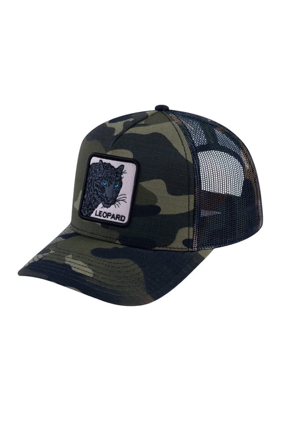 Unisex V2 Embroidered The Leopard V2, 5-Panel Trucker Hat, Green Camo/Green Camo, Adjustable Fit