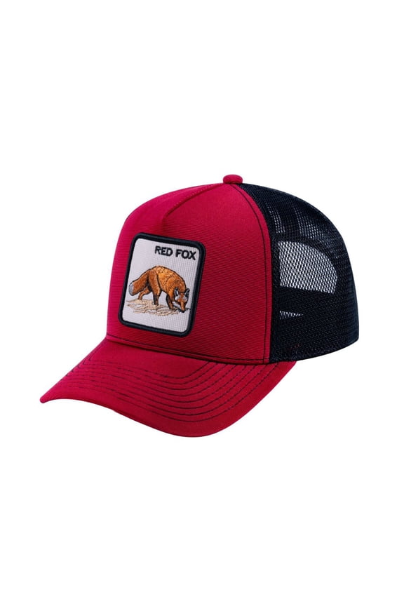 Unisex V2 Embroidered The Red Fox, 5-Panel Trucker Hat, Burgundy/Black, Adjustable Fit