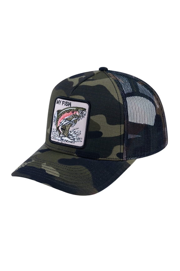 Unisex V2 Embroidered The Salmon, 5-Panel Trucker Hat, Green Camo/Green Camo, Adjustable Fit