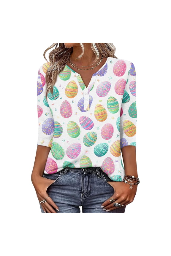 Bunny Eggs Sweaters for Womens, Cute Easter Printed Womens 3/34 Sleeve Tops, Spring Going Out Shirts for Women Wear & Gifts