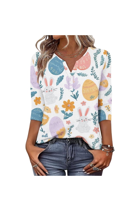 Bunny Eggs Sweaters for Womens, Cute Easter Printed Womens 3/4 Sleeve Tops, Spring Going Out Shirts for Women Wear & Gifts