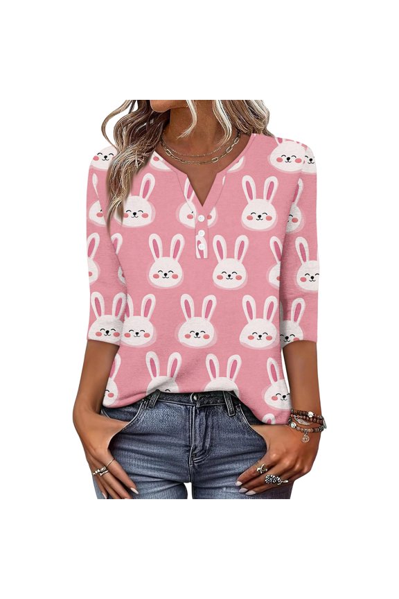 Bunny Eggs Sweaters for Womens, Cute Easter Printed Womens 3/40 Sleeve Tops, Spring Going Out Shirts for Women Wear & Gifts