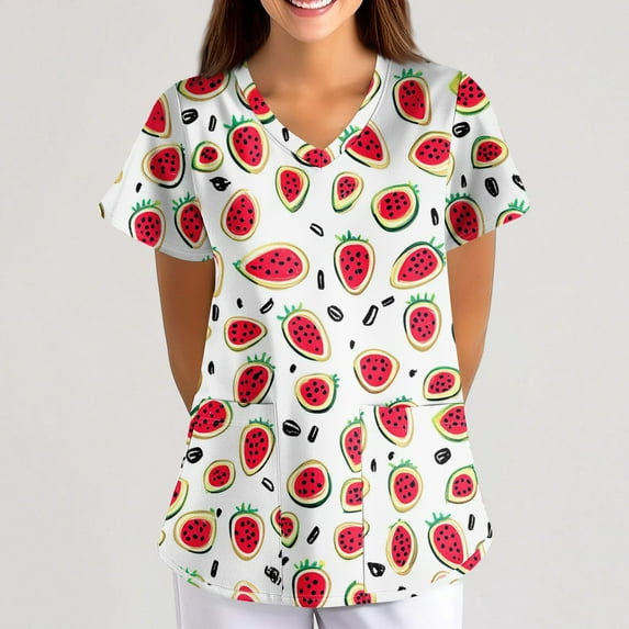 HAVUITYY Cartoon Scrubs for Women, Cute Animal Printed Loose Short Sleeve V-Neck Working Uniform, Plus Sized Nurse Scrub Tops with Pockets