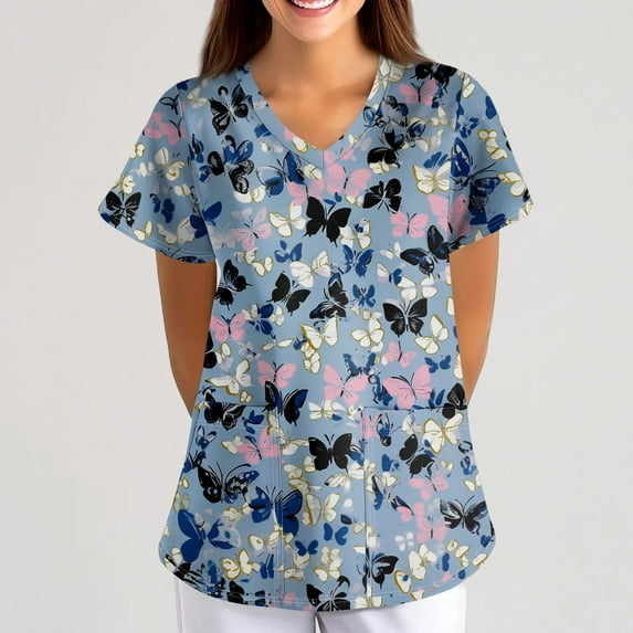HAVUITYY Cartoon Scrubs for Women, Cute Animal Printed Loose Short Sleeve V-Neck Working Uniform, Plus Sized Nurse Scrub Tops with Pockets