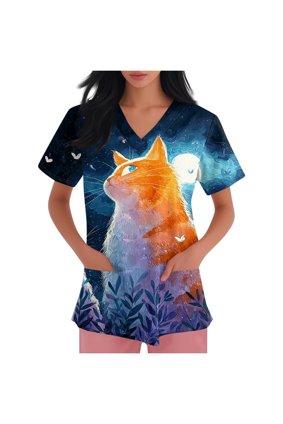 Cute Cat Printed Scrubs for Women, Plus Size V-Neck Nurse Tops with Pockets, Lightweight Stretch Working Uniform Nursing Top, Style 05# XL