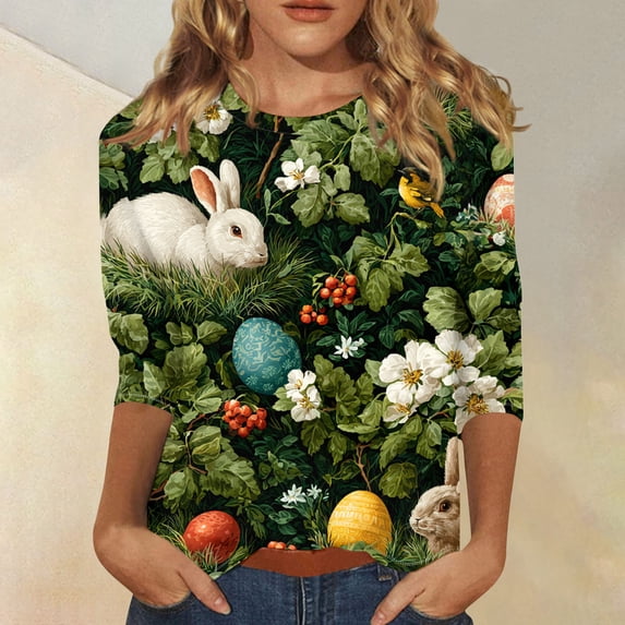 HAVUITYY Easter 3/4 Sleeve Sweater for Womens, Cute Bunny Eggs Pattern Crew-neck T-Shirts, Spring Oversized Casual Tops