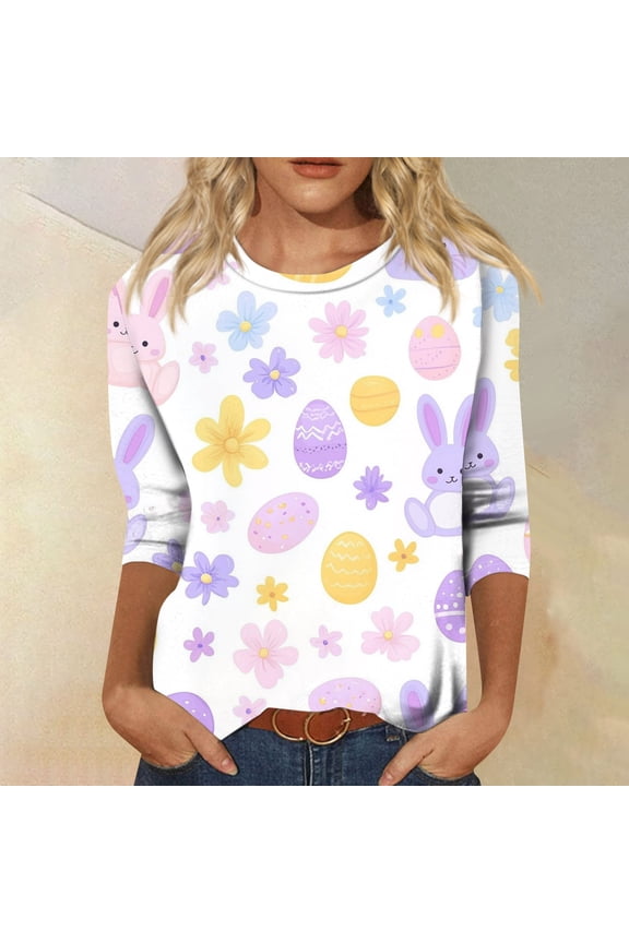Easter 3/4 Sleeve Sweater for Womens, Cute Bunny Eggs Pattern Crew-neck T-Shirts, Spring Oversized Casual Tops