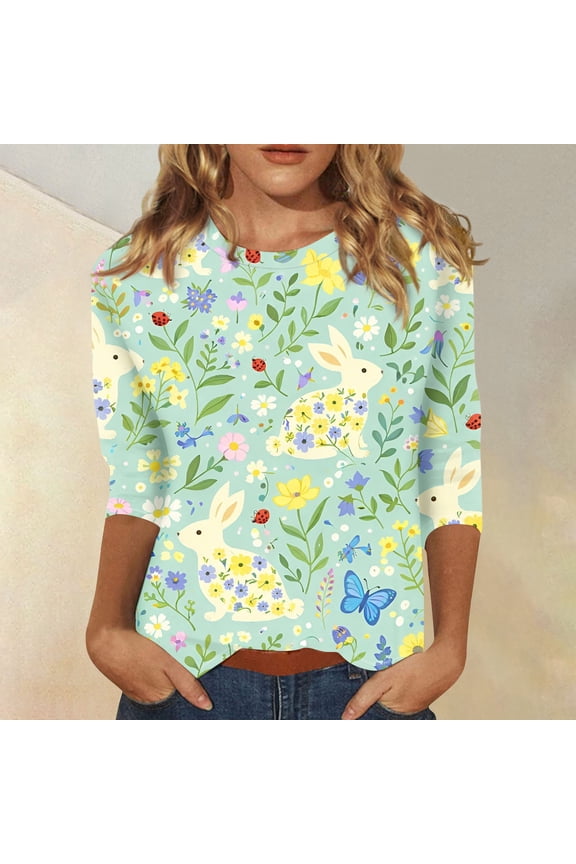 Easter 3/4 Sleeve Sweater for Womens, Cute Bunny Eggs Pattern Crew-neck T-Shirts, Spring Oversized Casual Tops