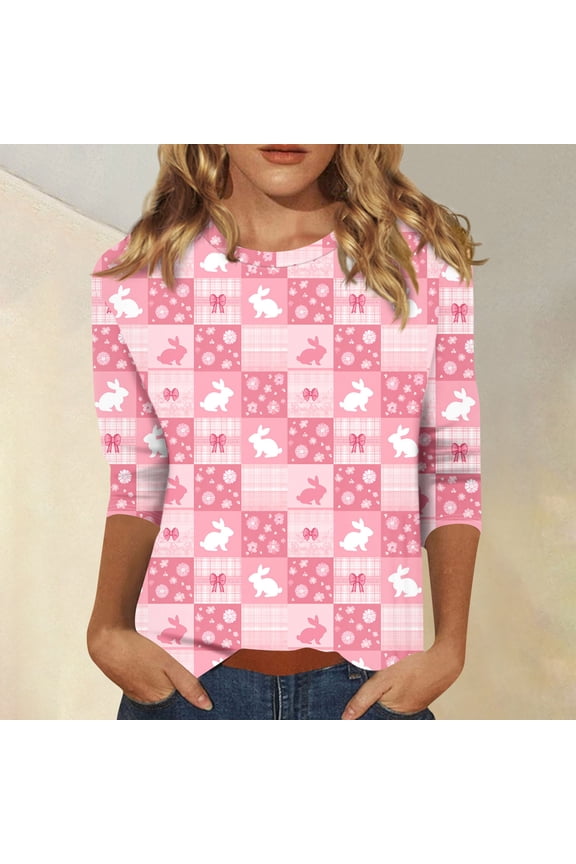 Easter 3/4 Sleeve Sweaters for Women, Cute Easter Printed Tops, Womens Crew-neck Blouse, Women's Spring Lightweight Pullover