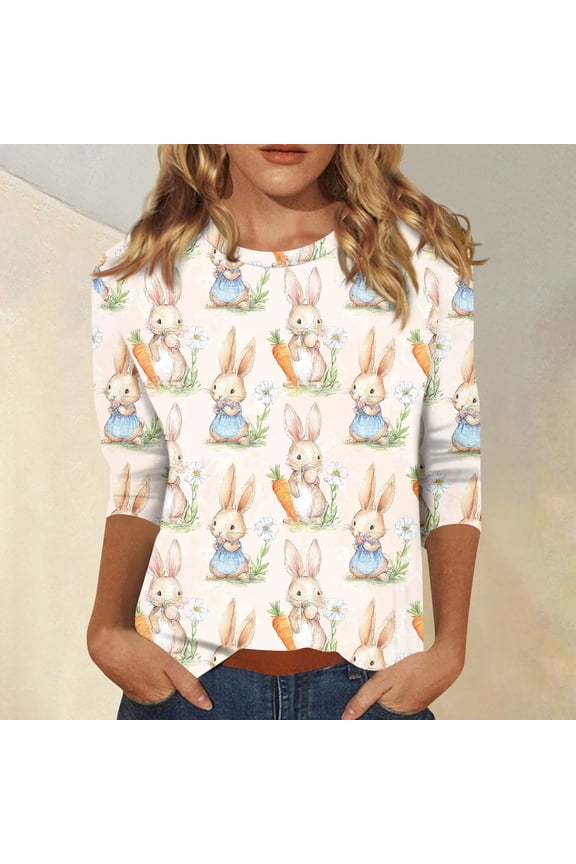 Easter 3/4 Sleeve Sweaters for Women, Cute Printed Womens Lightweight Crew-neck Tops, Women's Spring Loose Pullover