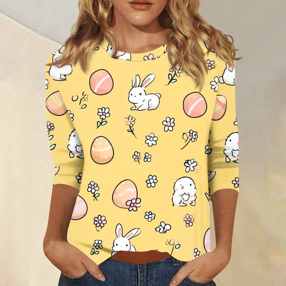 HAVUITYY Easter 3/4 Sleeve Sweaters for Women, Cute Printed Womens Lightweight Crew-neck Tops, Women's Spring Loose Pullover