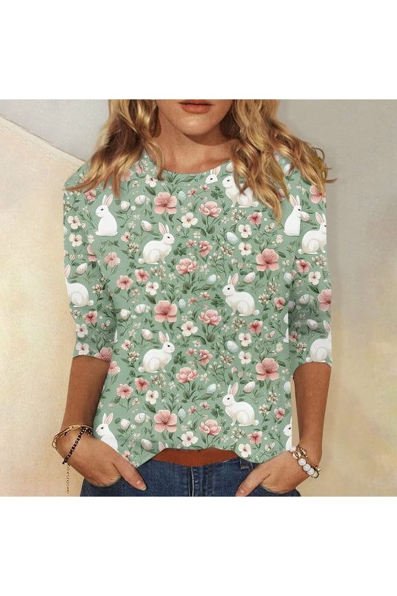 Easter 3/4 Sleeve Sweaters for Womens, Cute Bunny Eggs Printed Crew-Neck Cotton Pullover, Women's Spring Going Out Tops for Gifts & Wear
