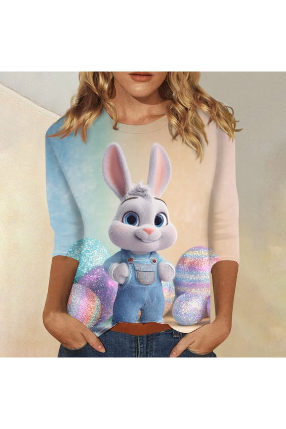 Easter 3/4 Sleeve Sweaters for Womens, Cute Bunny Eggs Printed Womens Goung Out T-Shirts, Women's Spring Lightweight Tops
