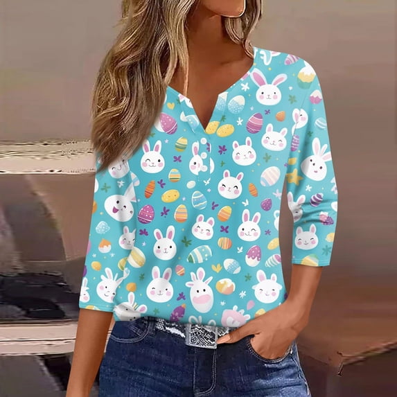 HAVUITYY Easter 3/4 Sleeve Sweaters for Womens, Cute Bunny Eggs Printed Womens Tops, Spring Going Out Shirts for Women Wear & Gifts
