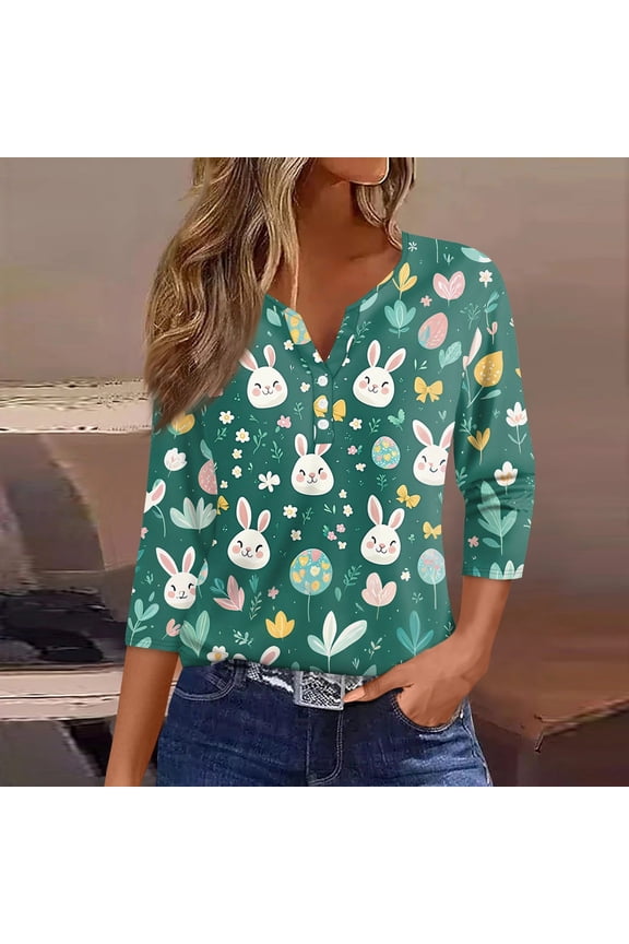 Easter 3/4 Sleeve Sweaters for Womens, Cute Bunny Eggs Printed Womens Tops, Spring Going Out Shirts for Women Wear & Gifts