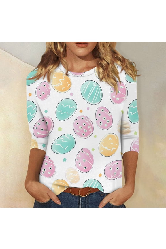 Easter Bunny Sweater for Women – Soft 3/4 Sleeve Cotton Pullover with Cute Egg Print, Perfect Spring Going Out Top & Holiday Gift Idea