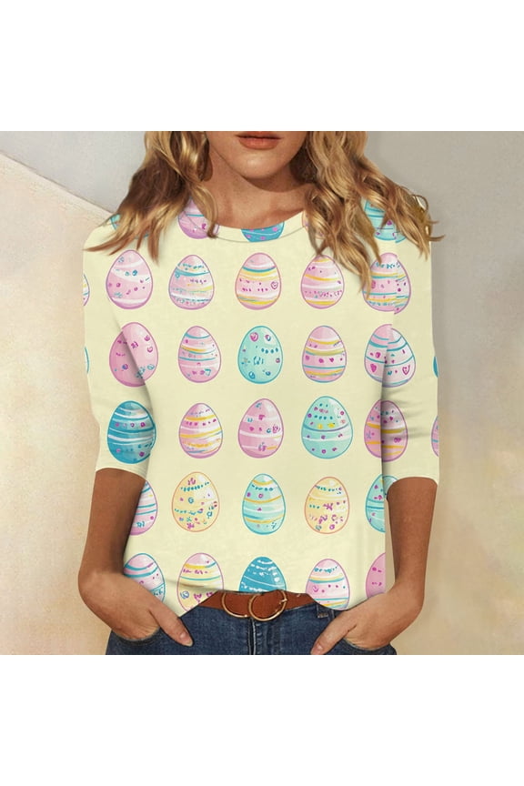 Easter Bunny Sweater for Women – Soft 3/4 Sleeve Cotton Pullover with Cute Egg Print, Perfect Spring Going Out Top & Holiday Gift Idea