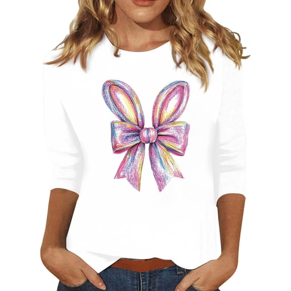 HAVUITYY Easter Printed 3/4 Sleeve Sweaters for Womens, Cute Bunny Eggs Pattern Crew-Neck Cotton Pullover, Spring Going Out Easter Women Tops for Wear & Gifts