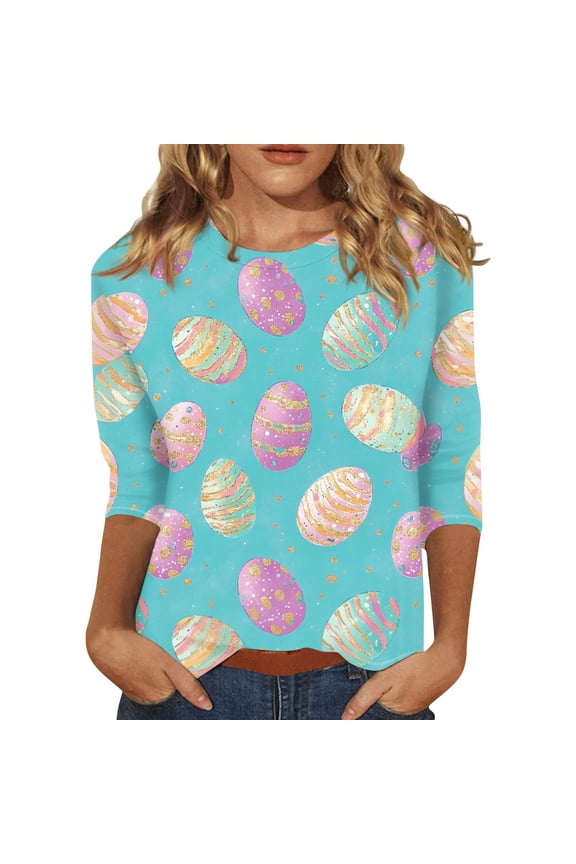 Easter Printed 3/4 Sleeve Sweaters for Womens, Cute Bunny Eggs Pattern Crew-Neck Cotton Pullover, Spring Going Out Easter Women Tops for Wear & Gifts