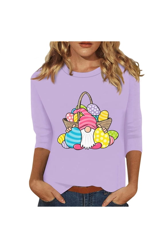 Easter Printed 3/4 Sleeve Sweaters for Womens, Cute Bunny Eggs Pattern Crew-Neck Women Tops, Spring Going Out Easter Cotton Pullover for Wear & Gifts