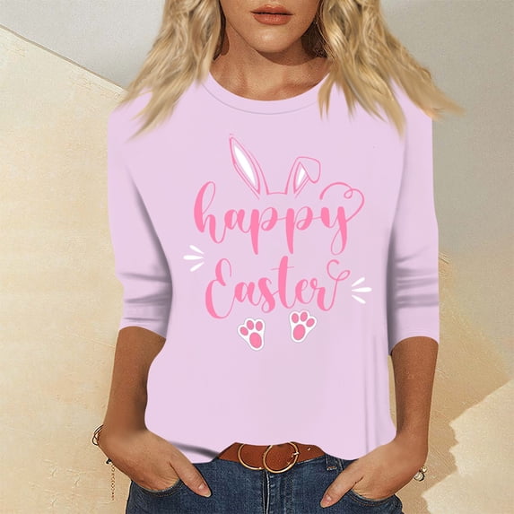 HAVUITYY Easter Printed 3/4 Sleeve Sweaters for Womens, Cute Bunny Eggs Pattern Crew-Neck Women Tops, Spring Going Out Easter Cotton Pullover for Wear & Gifts